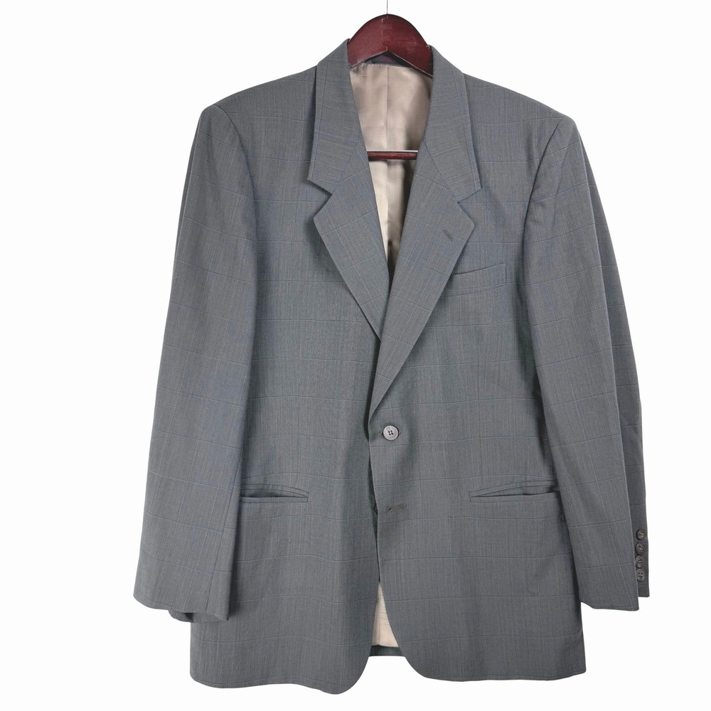 Ottimo‎ 18 Via Roma Mens Grey Windowpane 100% Wool Blazer Sport Coat 40R